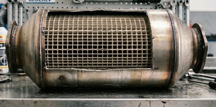 Gereinigd roetfilter (DPF) na behandeling — schoon keramisch binnenwerk met zichtbare cellen