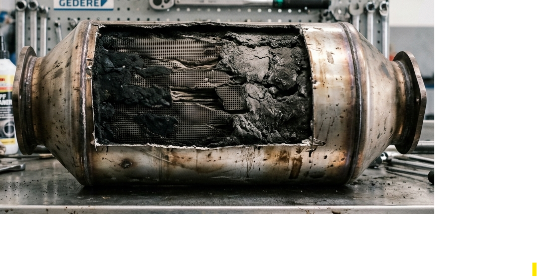 Verstopt roetfilter (DPF) vóór reiniging — keramisch binnenwerk dichtgeslibd met roet en as